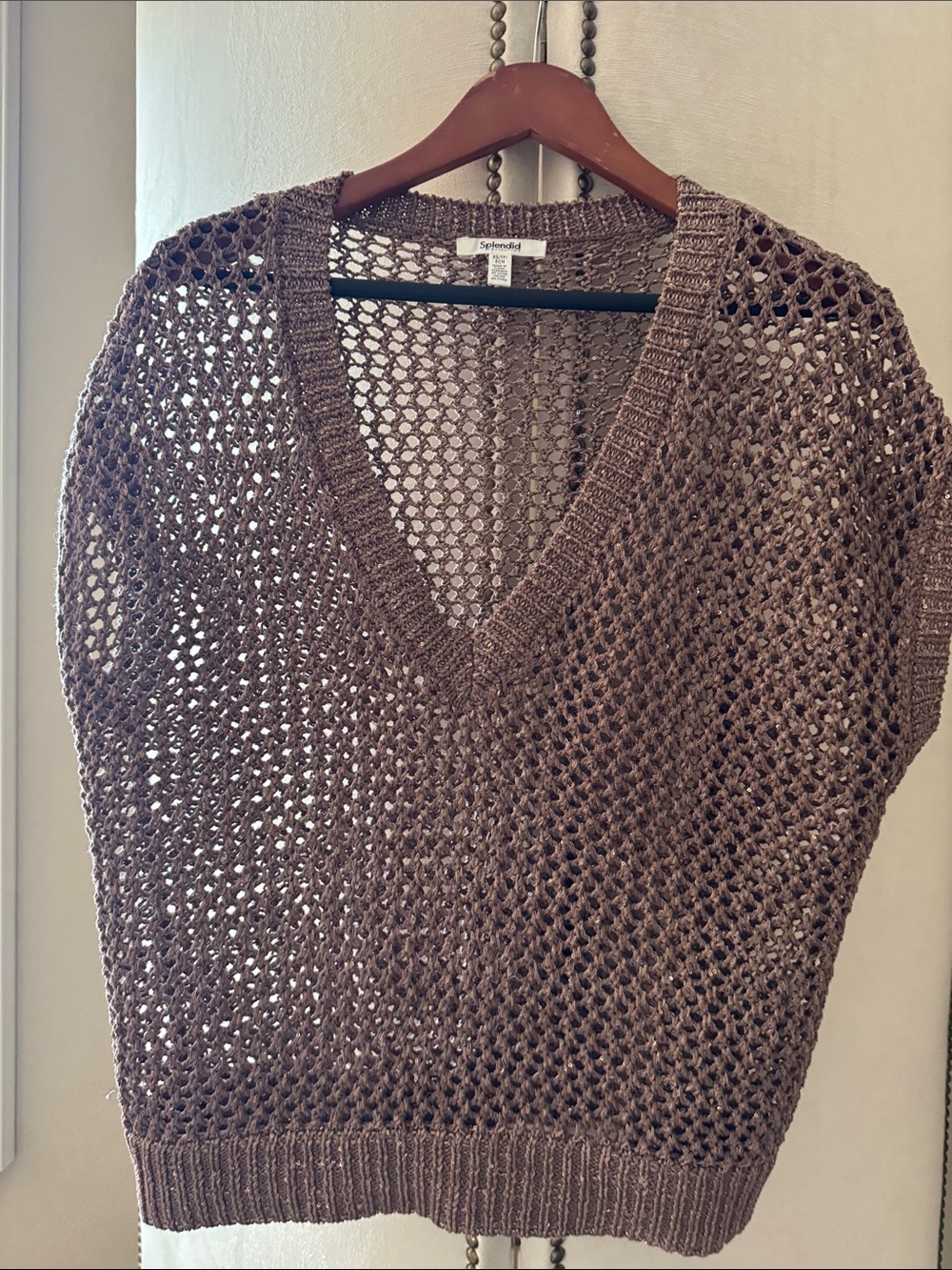 Splendid Open-Knit V-Neck Sweater Vest in Taupe